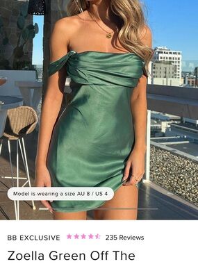 Beginning Boutique Green Satin Off-Shoulder Mini Dress